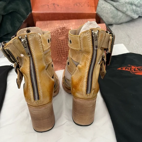 freebird Tan Leather Strappy Pointed-Toe Heeled Boots - Picture 3 of 4